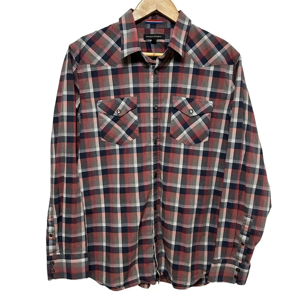 Banana Republic Pearl Snap Western Shirt Mens Large Plaid‎ Long Sleeve Cowboy